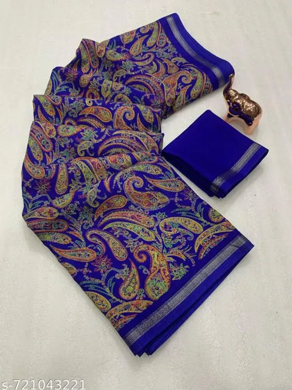 Blue_Designer_Royal_Blue_Silk_Blend_Printed_Saree_For_Women_With_Matching_Blouse_Lightweight_Festive_Party_Office_Wear_Traditional_Saree_With_Border