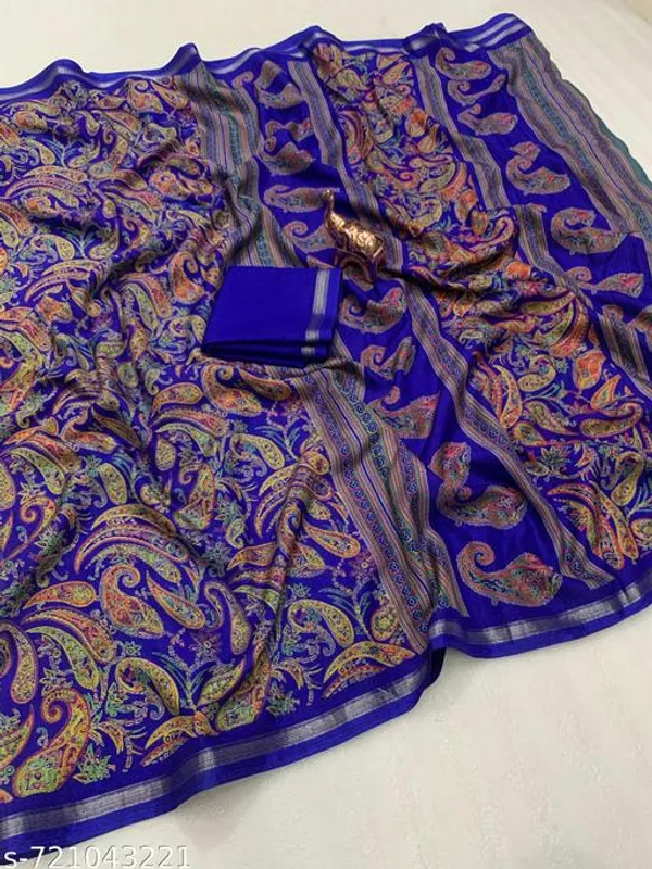 Blue_Designer_Royal_Blue_Silk_Blend_Printed_Saree_For_Women_With_Matching_Blouse_Lightweight_Festive_Party_Office_Wear_Traditional_Saree_With_Border