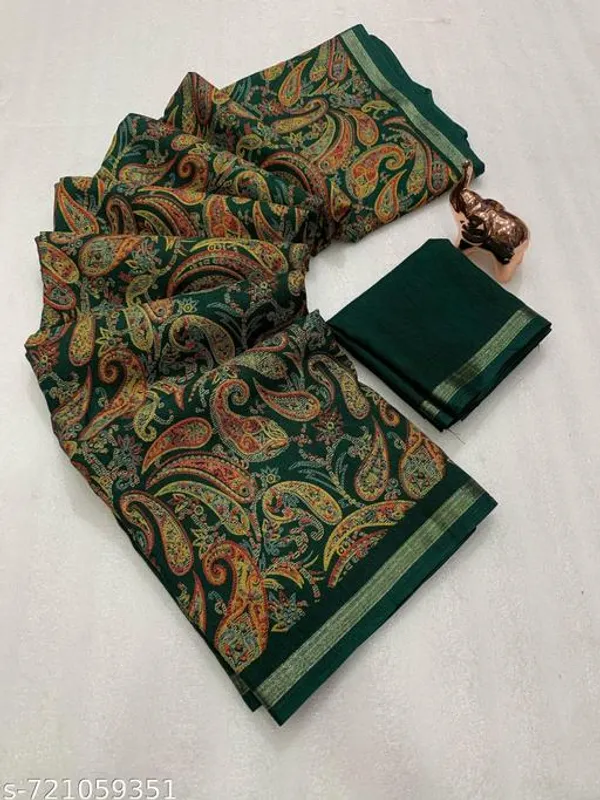 Green_Designer_Dark_Green_Silk_Blend_Printed_Saree_For_Women_With_Matching_Blouse_Lightweight_Festive_Party_Office_Wear_Traditional_Saree_With_Border