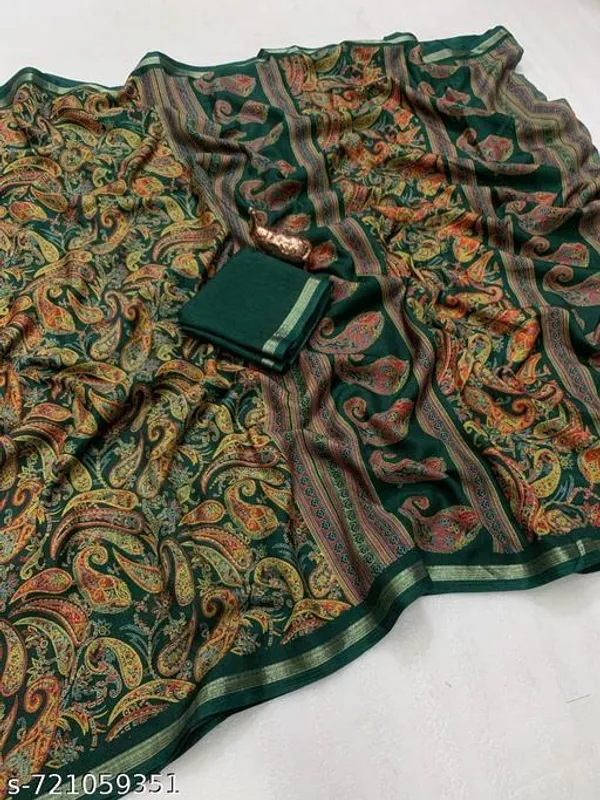 Green_Designer_Dark_Green_Silk_Blend_Printed_Saree_For_Women_With_Matching_Blouse_Lightweight_Festive_Party_Office_Wear_Traditional_Saree_With_Border