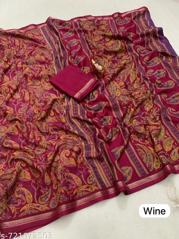 Red_Designer_Wine_Silk_Blend_Printed_Saree_For_Women_With_Matching_Blouse_Lightweight_Festive_Party_Office_Wear_Traditional_Saree_With_Border