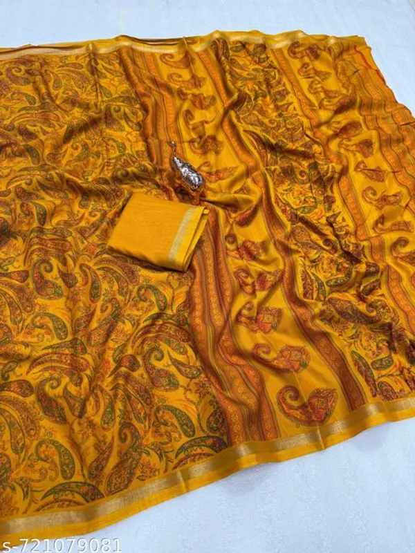 Yellow_Designer_Mustard_Yellow_Silk_Blend_Printed_Saree_For_Women_With_Matching_Blouse_Lightweight_Festive_Party_Office_Wear_Traditional_Saree_With_Border