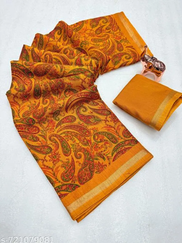 Yellow_Designer_Mustard_Yellow_Silk_Blend_Printed_Saree_For_Women_With_Matching_Blouse_Lightweight_Festive_Party_Office_Wear_Traditional_Saree_With_Border