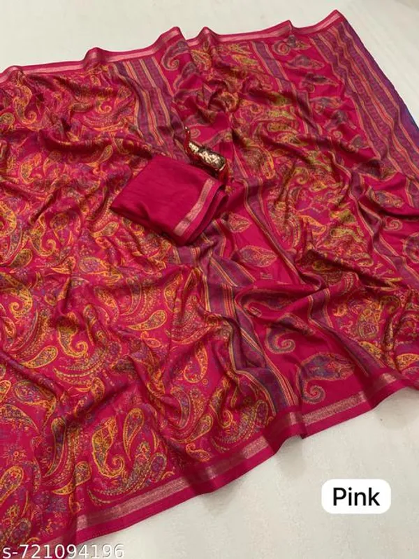 Red_Designer_Pink_Silk_Blend_Printed_Saree_For_Women_With_Matching_Blouse_Lightweight_Festive_Party_Office_Wear_Traditional_Saree_With_Border