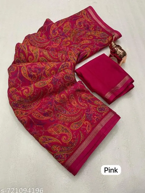 Red_Designer_Pink_Silk_Blend_Printed_Saree_For_Women_With_Matching_Blouse_Lightweight_Festive_Party_Office_Wear_Traditional_Saree_With_Border