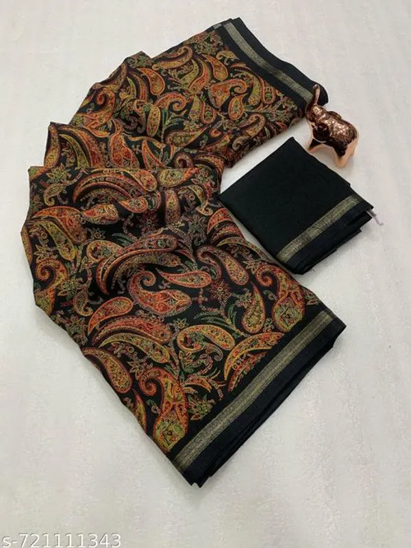 Black_Designer_Black_Silk_Blend_Printed_Saree_For_Women_With_Matching_Blouse_Lightweight_Festive_Party_Office_Wear_Traditional_Saree_With_Border