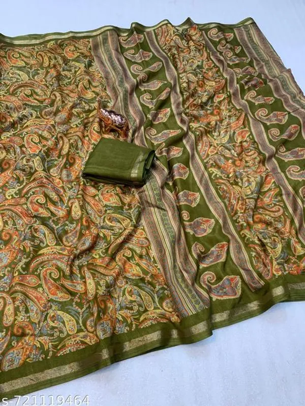 Green_Designer_Olive_Green_Silk_Blend_Printed_Saree_For_Women_With_Matching_Blouse_Lightweight_Festive_Party_Office_Wear_Traditional_Saree_With_Border