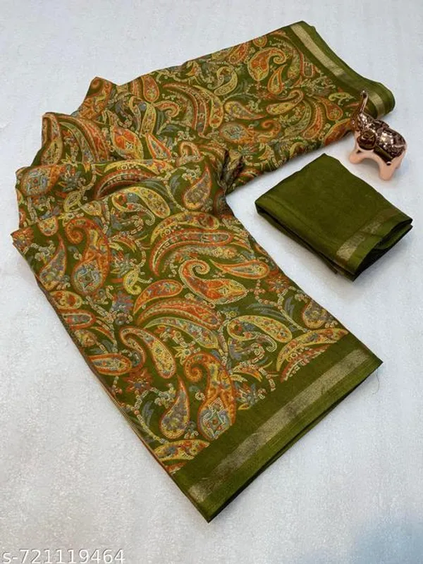 Green_Designer_Olive_Green_Silk_Blend_Printed_Saree_For_Women_With_Matching_Blouse_Lightweight_Festive_Party_Office_Wear_Traditional_Saree_With_Border