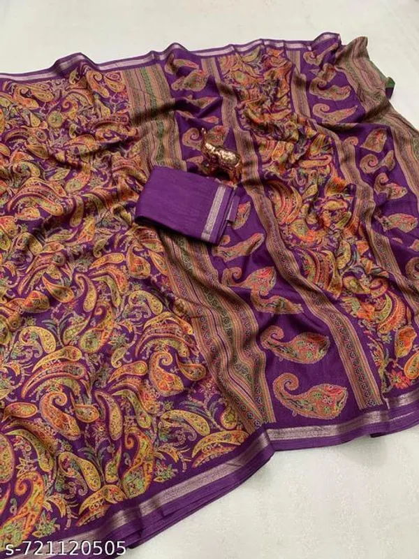Multicolor_Designer_Purple_Silk_Blend_Printed_Saree_For_Women_With_Matching_Blouse_Lightweight_Party_Festive_Office_Wear_Traditional_Saree_With_Border