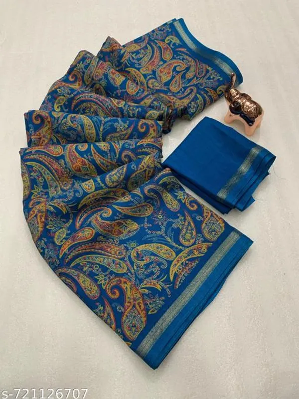 Blue_Designer_Silk_Blend_Printed_Saree_For_Women_With_Matching_Blouse_Lightweight_Party_Festive_Office_Wear_Traditional_Saree_With_Border