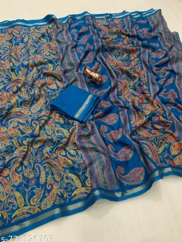Blue_Designer_Silk_Blend_Printed_Saree_For_Women_With_Matching_Blouse_Lightweight_Party_Festive_Office_Wear_Traditional_Saree_With_Border
