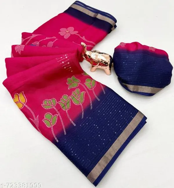 Pink_Designer_Rani_Pink_Silk_Blend_Printed_Saree_For_Women_With_Navy_Blue_Border_Lightweight_Festive_Party_Office_Wear_Saree_With_Matching_Blouse