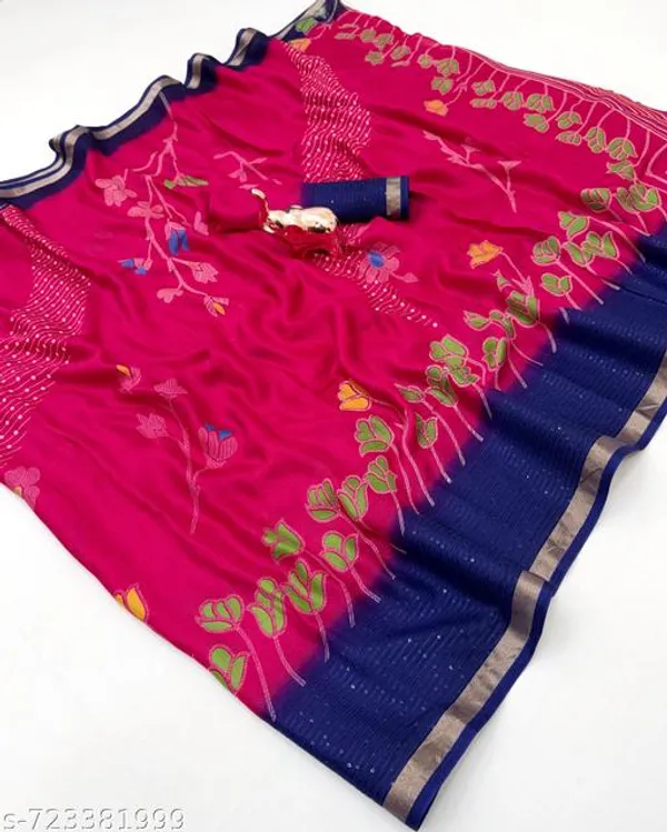Pink_Designer_Rani_Pink_Silk_Blend_Printed_Saree_For_Women_With_Navy_Blue_Border_Lightweight_Festive_Party_Office_Wear_Saree_With_Matching_Blouse