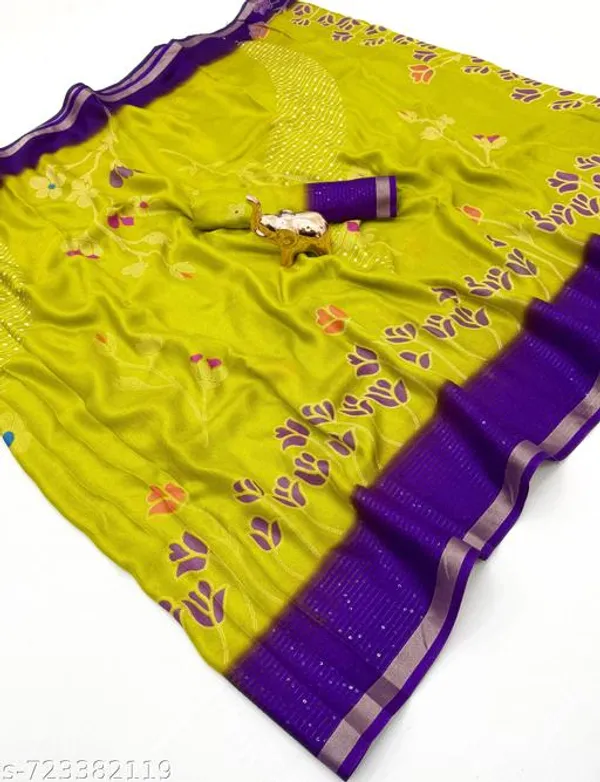 Green_Designer_Lime_Green_Silk_Blend_Printed_Saree_For_Women_With_Purple_Border_Lightweight_Festive_Party_Office_Wear_Saree_With_Matching_Blouse