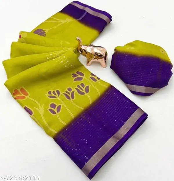 Green_Designer_Lime_Green_Silk_Blend_Printed_Saree_For_Women_With_Purple_Border_Lightweight_Festive_Party_Office_Wear_Saree_With_Matching_Blouse