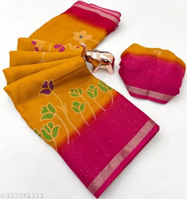 Yellow_Designer_Mustard_Yellow_Silk_Blend_Printed_Saree_For_Women_With_Pink_Border_Lightweight_Festive_Party_Office_Wear_Saree_With_Matching_Blouse