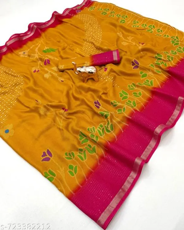 Yellow_Designer_Mustard_Yellow_Silk_Blend_Printed_Saree_For_Women_With_Pink_Border_Lightweight_Festive_Party_Office_Wear_Saree_With_Matching_Blouse