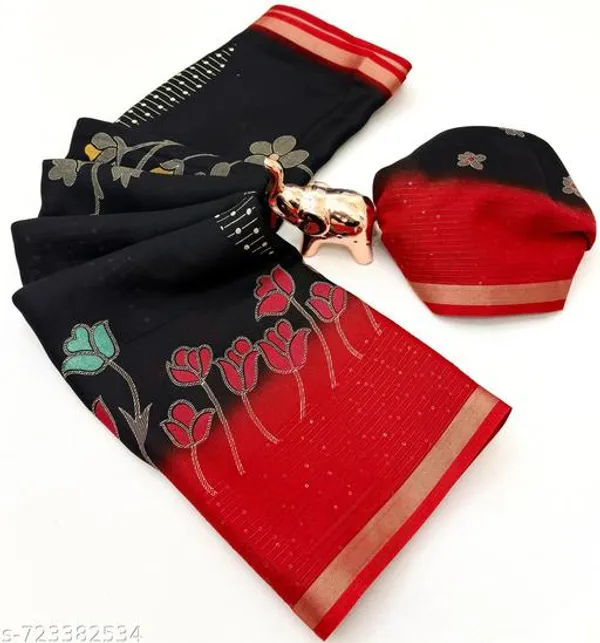 Black_Designer_Black_Silk_Blend_Printed_Saree_For_Women_With_Red_Border_Lightweight_Festive_Party_Office_Wear_Saree_With_Matching_Blouse