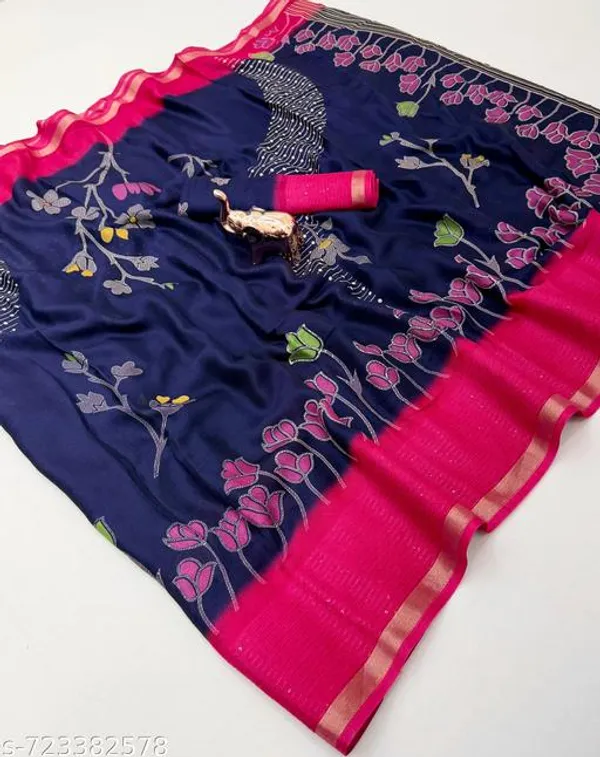 Blue_Designer_Navy_Blue_Silk_Blend_Printed_Saree_For_Women_With_Pink_Border_Lightweight_Festive_Party_Office_Wear_Saree_With_Matching_Blouse