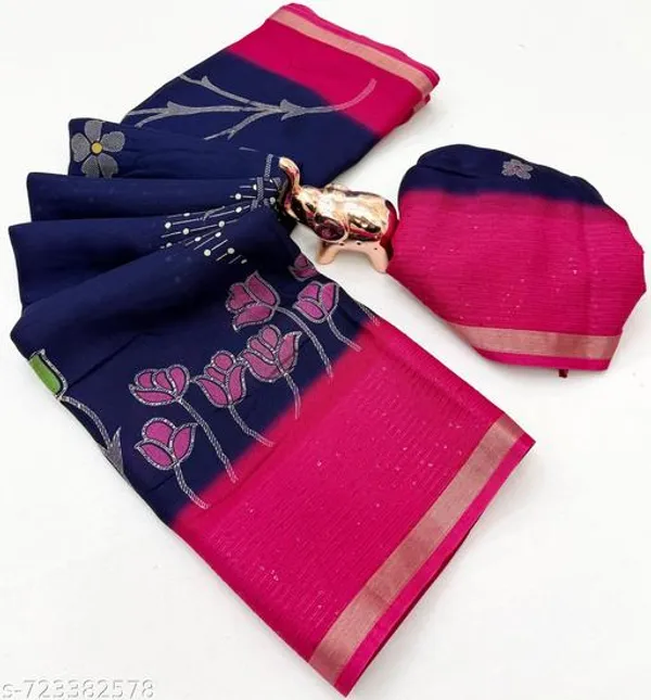 Blue_Designer_Navy_Blue_Silk_Blend_Printed_Saree_For_Women_With_Pink_Border_Lightweight_Festive_Party_Office_Wear_Saree_With_Matching_Blouse