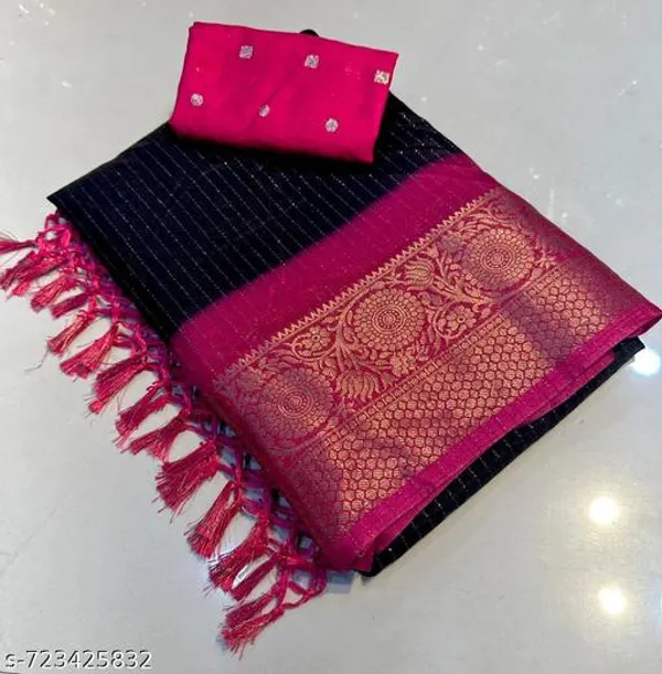 Black_Designer_Black_Dola_Silk_Saree_For_Women_With_Pink_Zari_Border_Tassels_Lightweight_Festive_Wedding_Party_Wear_Saree_With_Matching_Blouse
