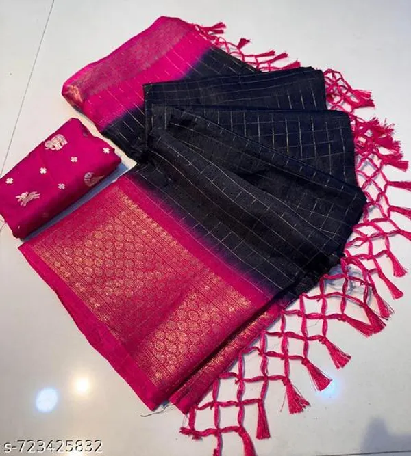 Black_Designer_Black_Dola_Silk_Saree_For_Women_With_Pink_Zari_Border_Tassels_Lightweight_Festive_Wedding_Party_Wear_Saree_With_Matching_Blouse