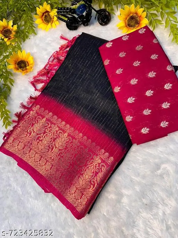 Black_Designer_Black_Dola_Silk_Saree_For_Women_With_Pink_Zari_Border_Tassels_Lightweight_Festive_Wedding_Party_Wear_Saree_With_Matching_Blouse