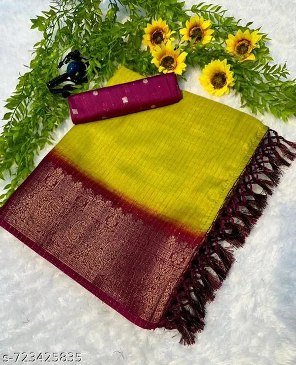 Green_Designer_Mustard_Yellow_Silk_Blend_Saree_For_Women_With_Zari_Border_Lightweight_Festive_Party_Wedding_Wear_Saree_With_Matching_Blouse