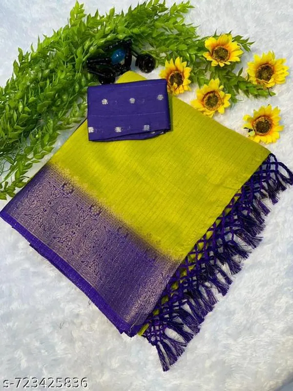 Green_Designer_Lime_Yellow_Dola_Silk_Saree_For_Women_With_Purple_Zari_Border_Tassels_Lightweight_Festive_Wedding_Party_Wear_Saree_With_Matching_Blouse