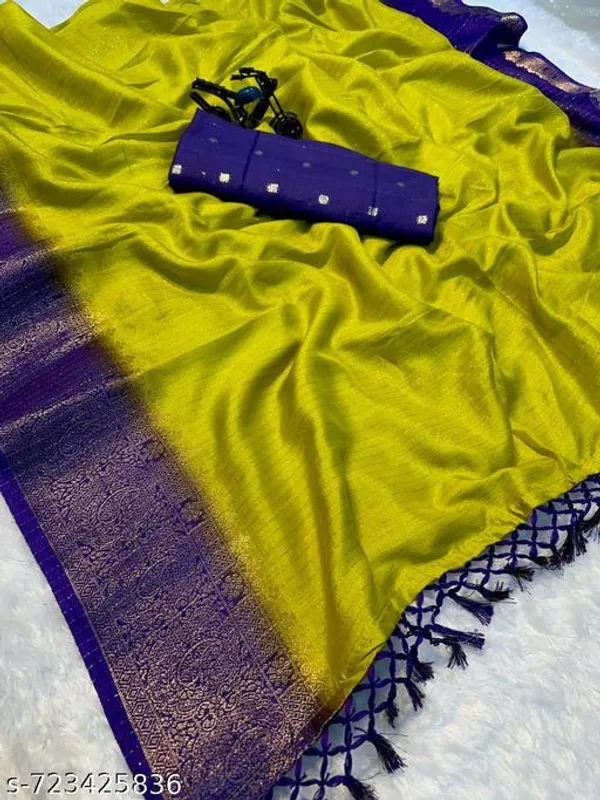Green_Designer_Lime_Yellow_Dola_Silk_Saree_For_Women_With_Purple_Zari_Border_Tassels_Lightweight_Festive_Wedding_Party_Wear_Saree_With_Matching_Blouse