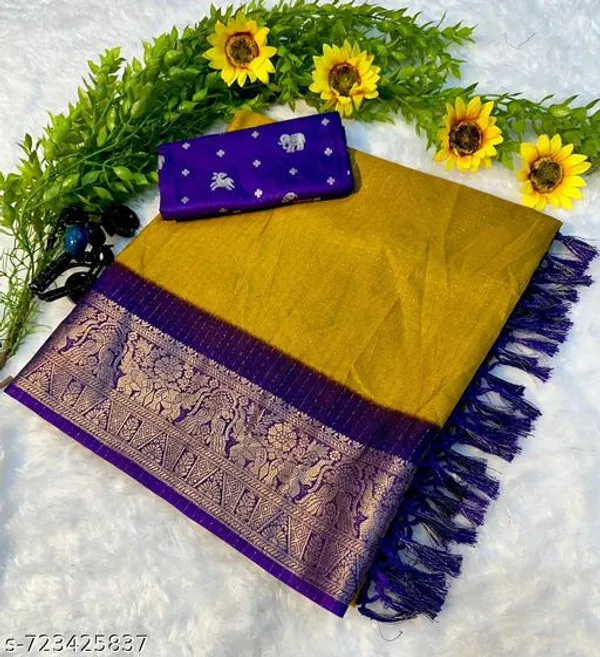 Yellow_Designer_Dola_Silk_Saree_For_Women_With_Rich_Zari_Border_Tassels_Lightweight_Festive_Wedding_Party_Wear_Saree_With_Matching_Blouse