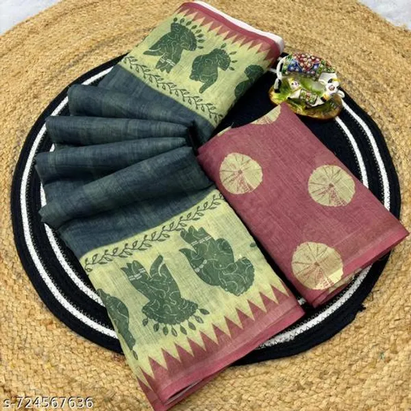 Green_Pure_Linen_Printed_Saree_For_Women_With_Traditional_Elephant_Peacock_Motif_Casual_Wear_Office_Wear_Festive_Linen_Saree_With_Blouse