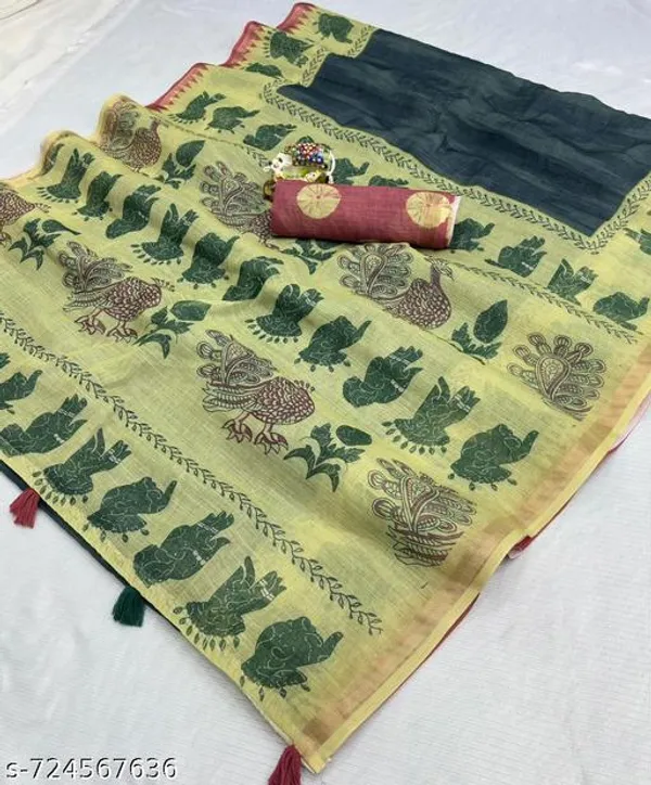Green_Pure_Linen_Printed_Saree_For_Women_With_Traditional_Elephant_Peacock_Motif_Casual_Wear_Office_Wear_Festive_Linen_Saree_With_Blouse