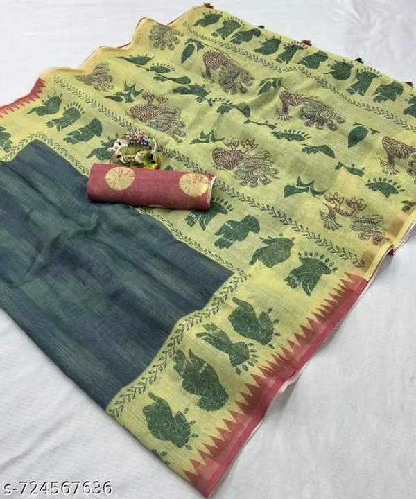 Green_Pure_Linen_Printed_Saree_For_Women_With_Traditional_Elephant_Peacock_Motif_Casual_Wear_Office_Wear_Festive_Linen_Saree_With_Blouse
