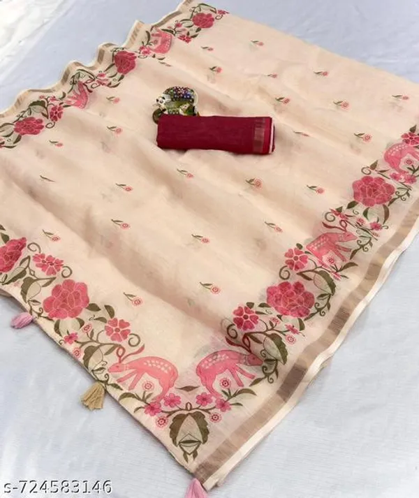 Off_White_Linen_Blend_Printed_Saree_For_Women_With_Floral_Elephant_Border_Lightweight_Daily_Wear_Office_Wear_Festive_Ethnic_Saree_With_Blouse