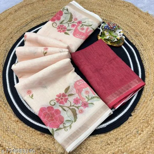 Off_White_Linen_Blend_Printed_Saree_For_Women_With_Floral_Elephant_Border_Lightweight_Daily_Wear_Office_Wear_Festive_Ethnic_Saree_With_Blouse