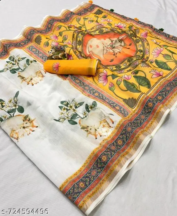 White_Linen_Blend_Printed_Saree_For_Women_With_Cow_Motif_Border_Traditional_Designer_Saree_For_Festive_Puja_Ethnic_Wear