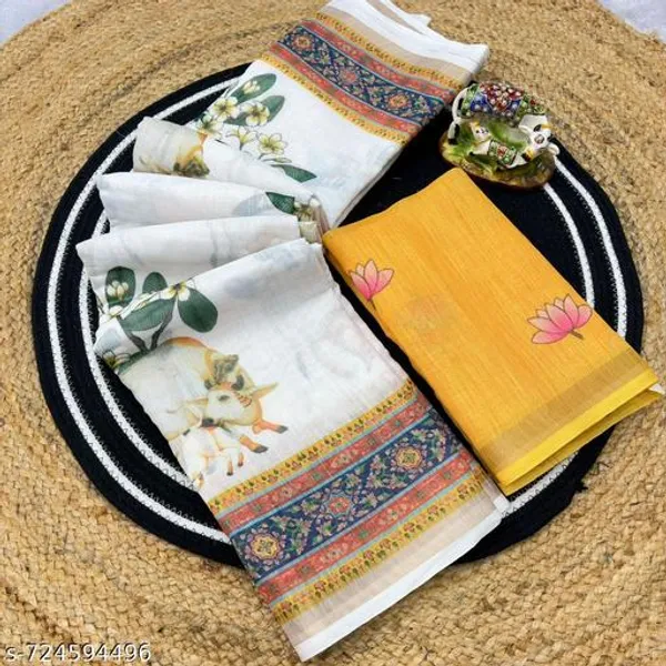White_Linen_Blend_Printed_Saree_For_Women_With_Cow_Motif_Border_Traditional_Designer_Saree_For_Festive_Puja_Ethnic_Wear