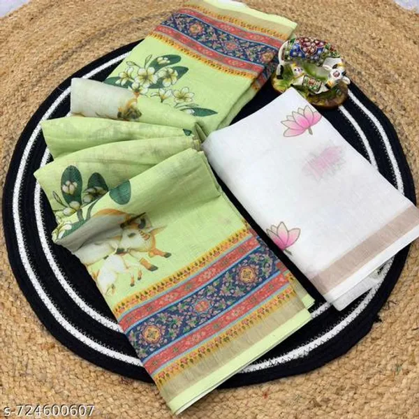 Green_Linen_Blend_Cow_Motif_Printed_Saree_For_Women_With_Border_Traditional_Spiritual_Designer_Saree_For_Puja_Festive_Ethnic_Wear