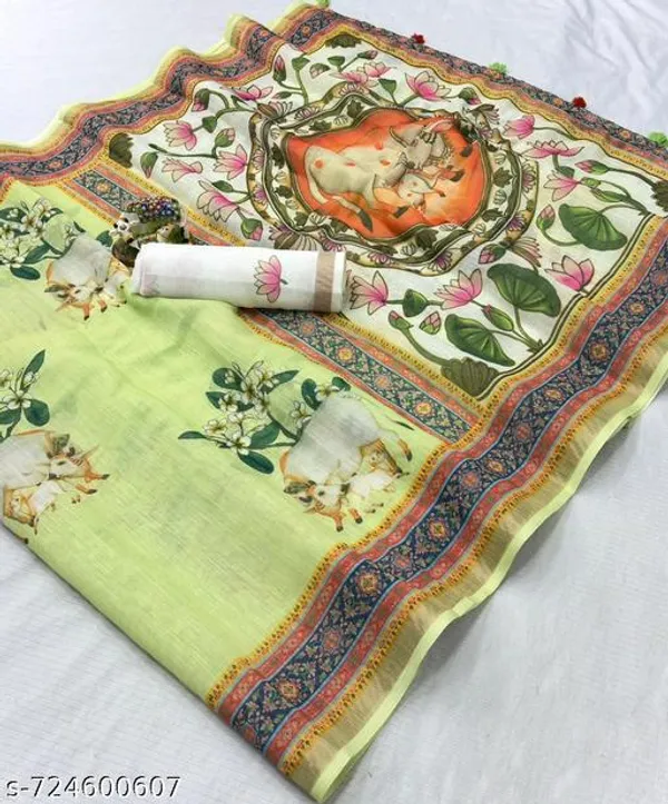 Green_Linen_Blend_Cow_Motif_Printed_Saree_For_Women_With_Border_Traditional_Spiritual_Designer_Saree_For_Puja_Festive_Ethnic_Wear