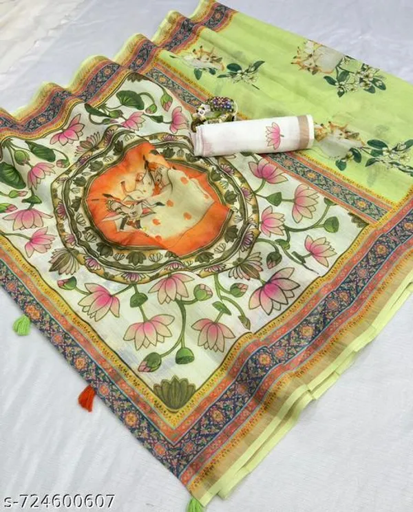 Green_Linen_Blend_Cow_Motif_Printed_Saree_For_Women_With_Border_Traditional_Spiritual_Designer_Saree_For_Puja_Festive_Ethnic_Wear