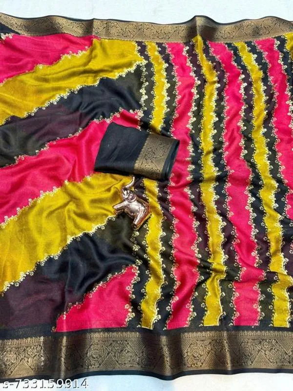 Multicolor_Marshmallow_Silk_Printed_Saree_For_Women_With_Golden_Zari_Border_Lightweight_Designer_Party_Wear_Saree_For_Festive_Wedding_Evening_Wear