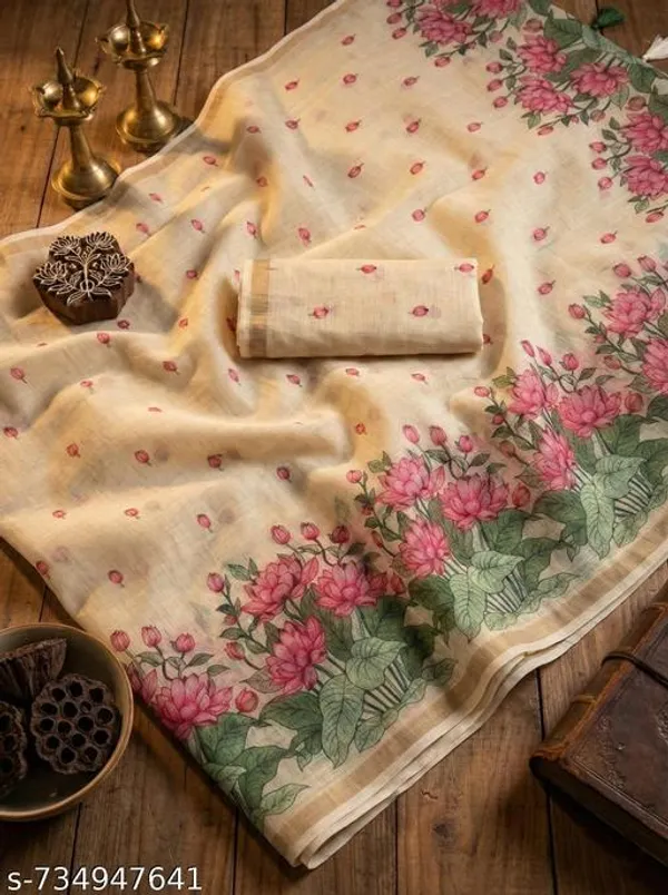 White_Pure_Linen_Floral_Printed_Saree_For_Women_With_Blouse_Lightweight_Saree_For_Office_Festive_Casual_Day_Wear