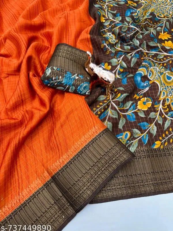 Orange_Dola_Silk_Printed_Saree_With_Rich_Golden_Zari_Border_Designer_Blouse_Premium_Party_Festive_Office_Wear_Saree_For_Women