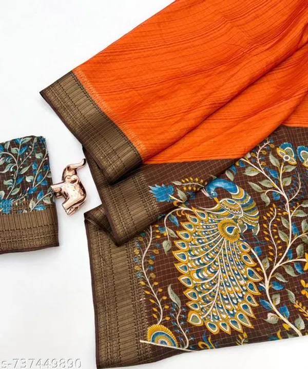 Orange_Dola_Silk_Printed_Saree_With_Rich_Golden_Zari_Border_Designer_Blouse_Premium_Party_Festive_Office_Wear_Saree_For_Women