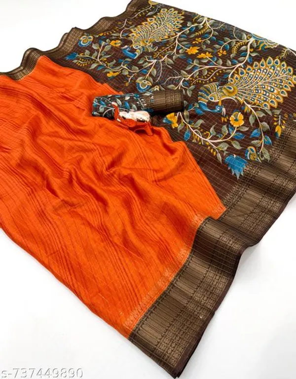 Orange_Dola_Silk_Printed_Saree_With_Rich_Golden_Zari_Border_Designer_Blouse_Premium_Party_Festive_Office_Wear_Saree_For_Women