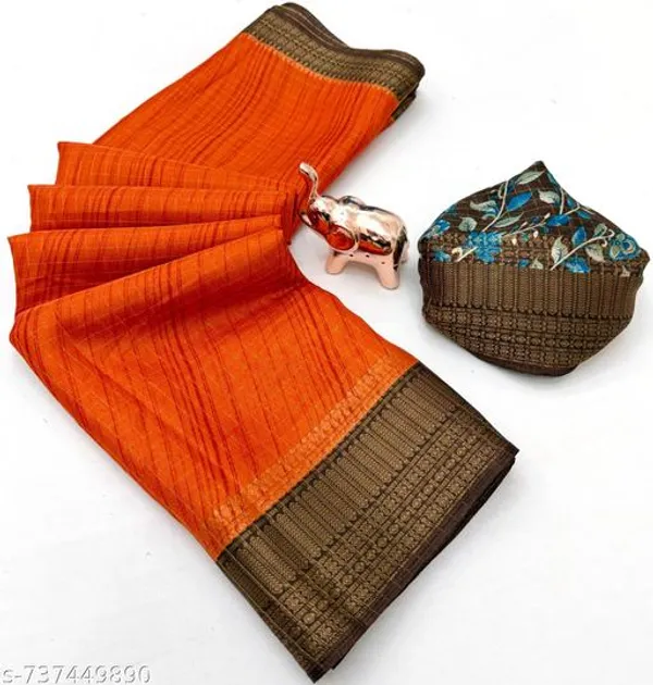 Orange_Dola_Silk_Printed_Saree_With_Rich_Golden_Zari_Border_Designer_Blouse_Premium_Party_Festive_Office_Wear_Saree_For_Women