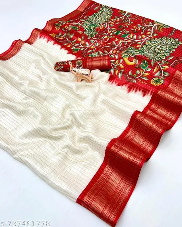 White_Dola_Silk_Printed_Saree_With_Rich_Red_Designer_Pallu_Golden_Zari_Border_Festive_Wedding_Party_Wear_Saree_For_Women