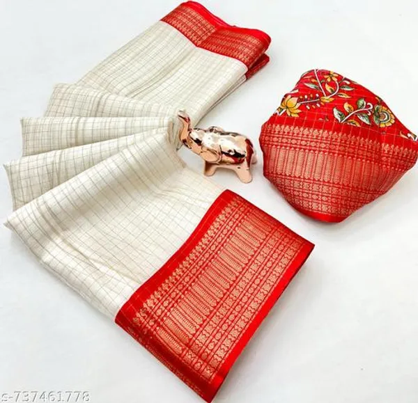 White_Dola_Silk_Printed_Saree_With_Rich_Red_Designer_Pallu_Golden_Zari_Border_Festive_Wedding_Party_Wear_Saree_For_Women