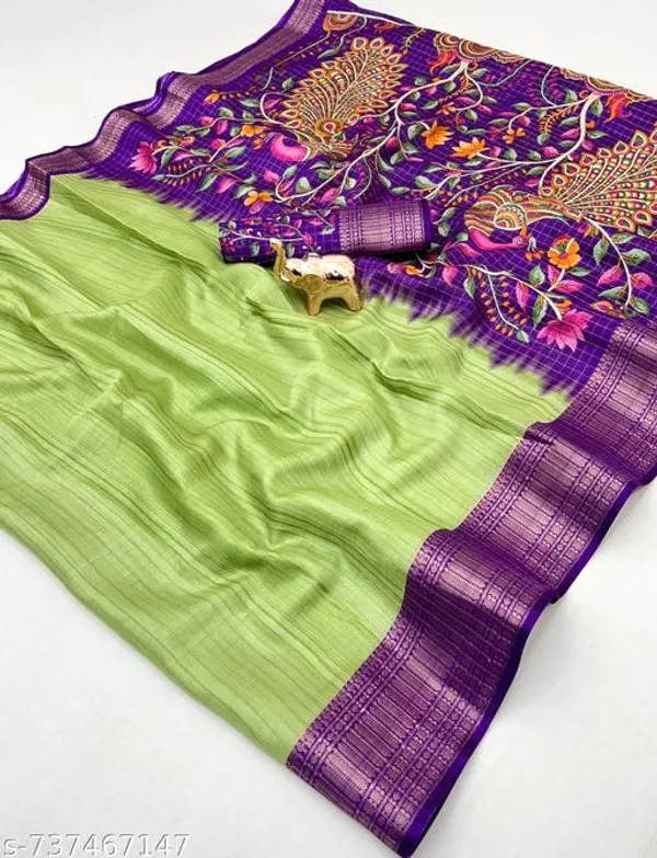 Green_Dola_Silk_Kalamkari_Printed_Saree_With_Purple_Peacock_Designer_Pallu_Rich_Zari_Border_Festive_Wedding_Party_Wear_Saree_For_Women